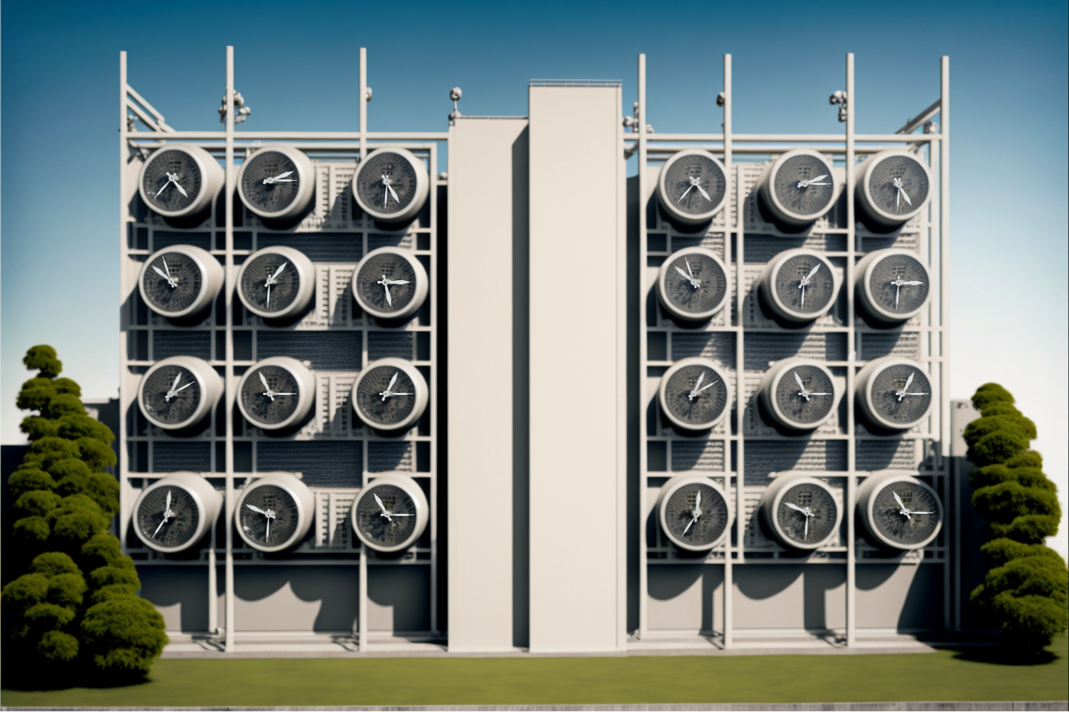 Modern building facade with multiple circular clock displays arranged symmetrically, flanked by sculptural green trees.