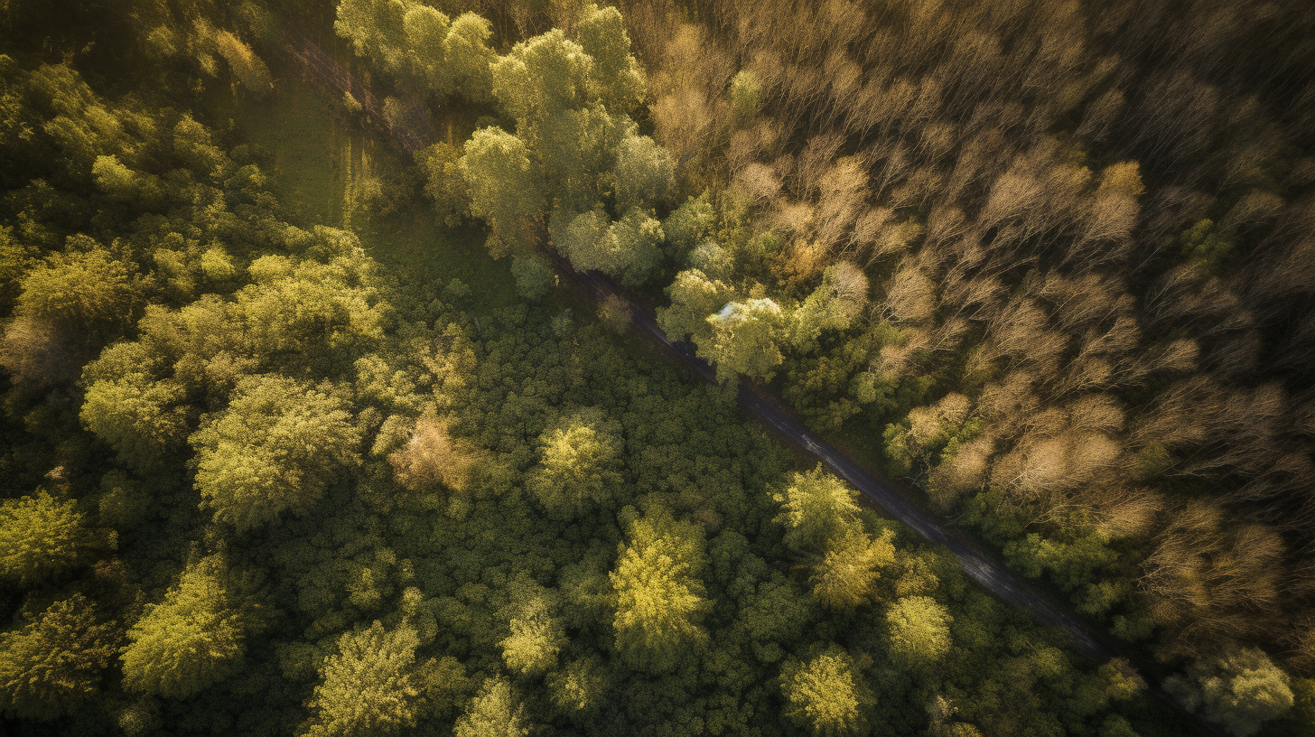 Aerial view of lush forest with winding road, sunlight illuminating treetops in vibrant greens and golds.