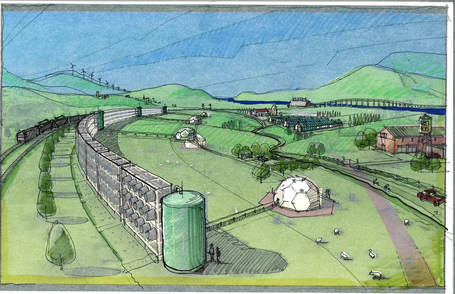 Watercolor sketch of a rural landscape with modern agricultural elements, including a curved wall, silos, and a geodesic dome structure.